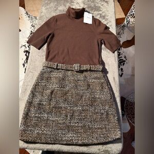 Theory Brown Tweed Belted Pencil Skirt